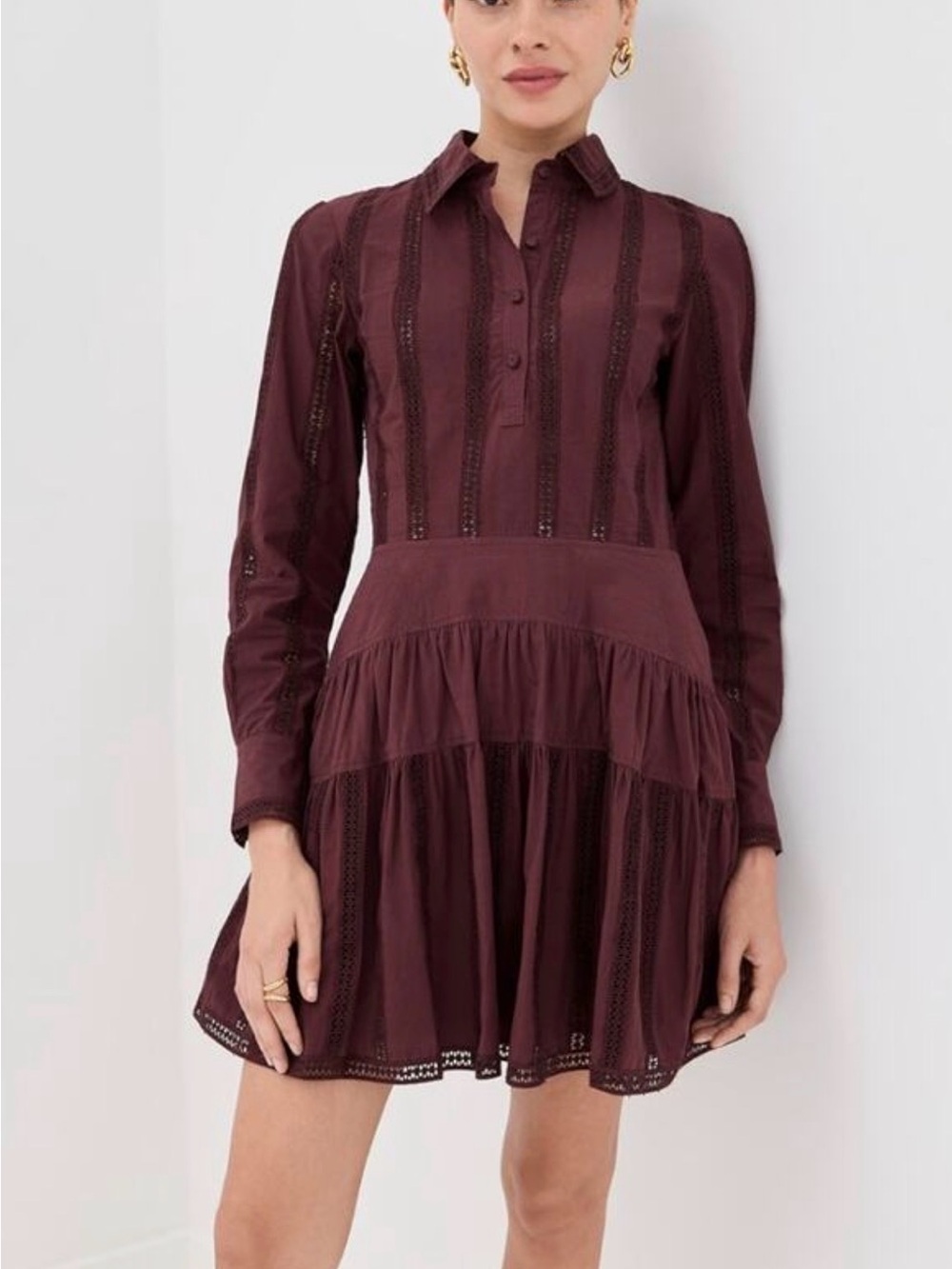 Ulla Johnson Burgundy Long-Sleeve Mini Shirt Dress